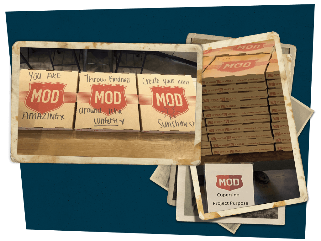 MOD Pizza boxes for delivery to those in need.