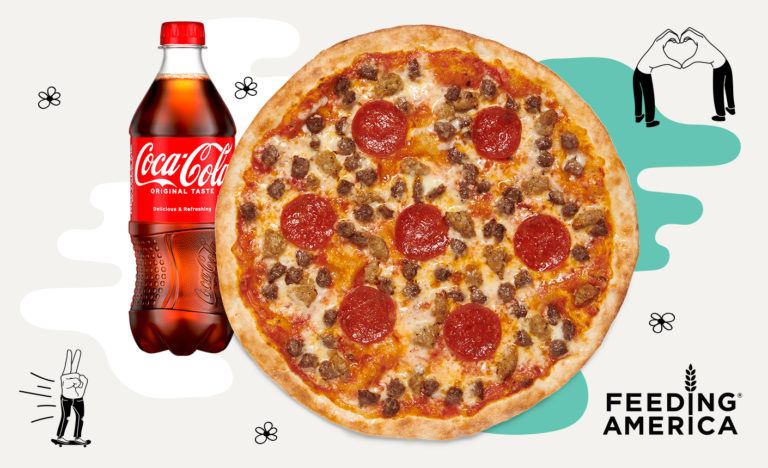 A MOD-size pizza and 20 oz. Coca-Cola beverage.