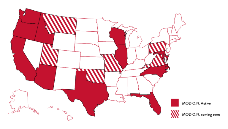 Map of the US, with states shaded where our MOD O.N. Network is active or coming soon.