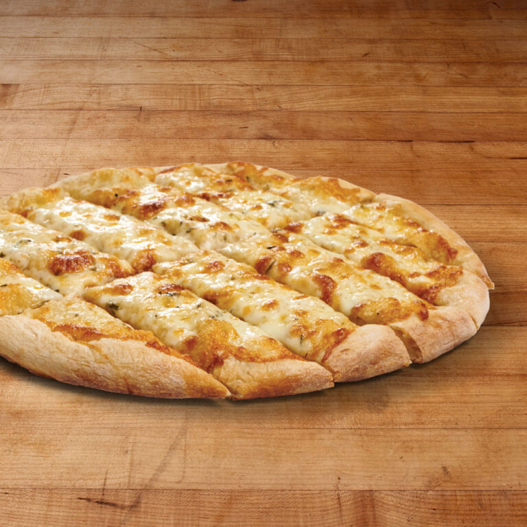 Our cheesy garlic bread on a wood tabletop.