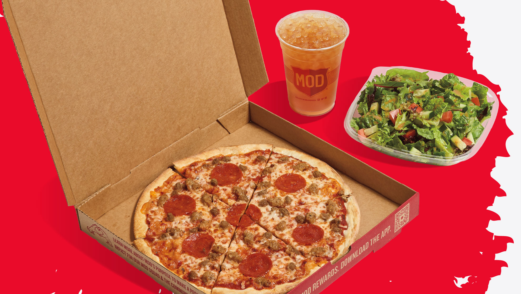 Pizza, salad and beverages on a red background.