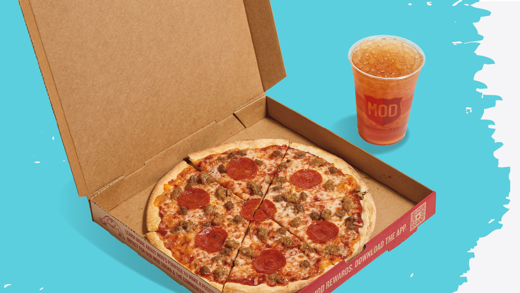 Pizza and beverage on a blue background.