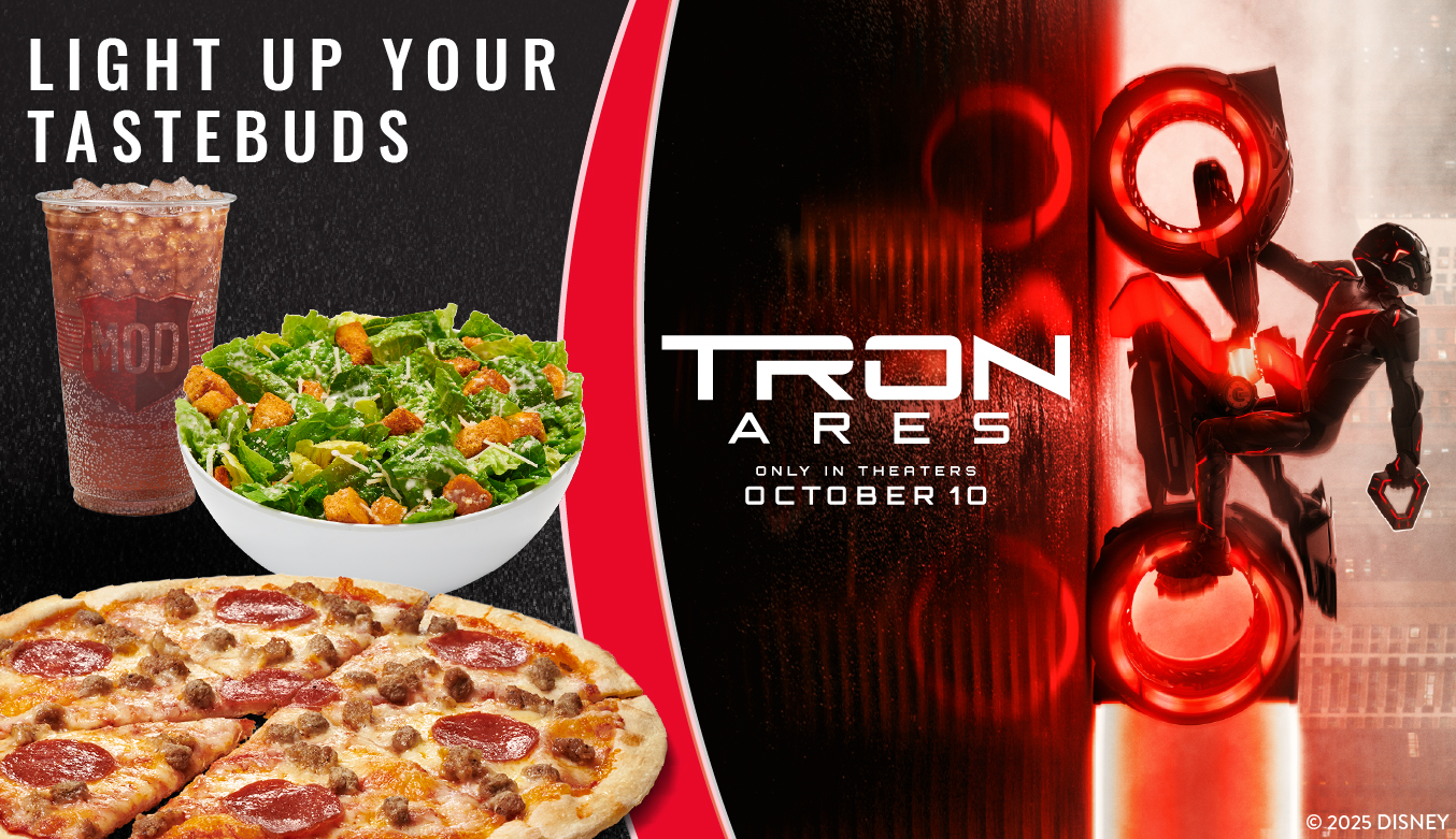 A Light Cycle from TRON: Ares is climbing a wall with a pizza and salad from MOD Pizza visible on a separate part of the image